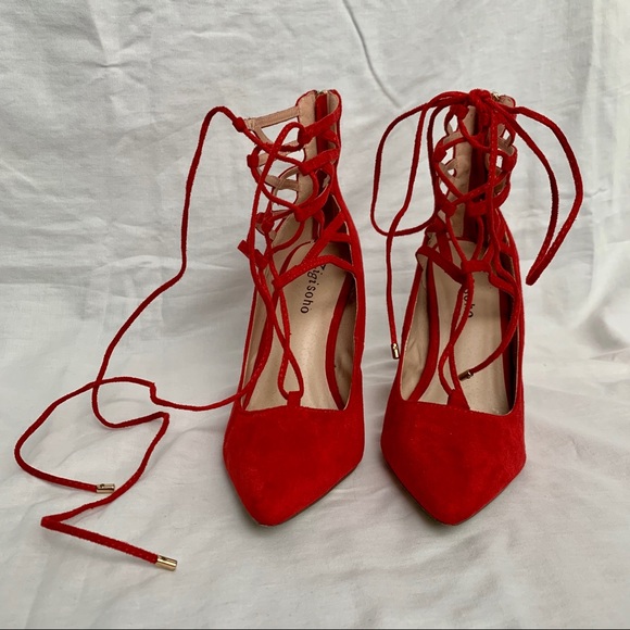 Red Lace up Heels - Picture 4 of 12